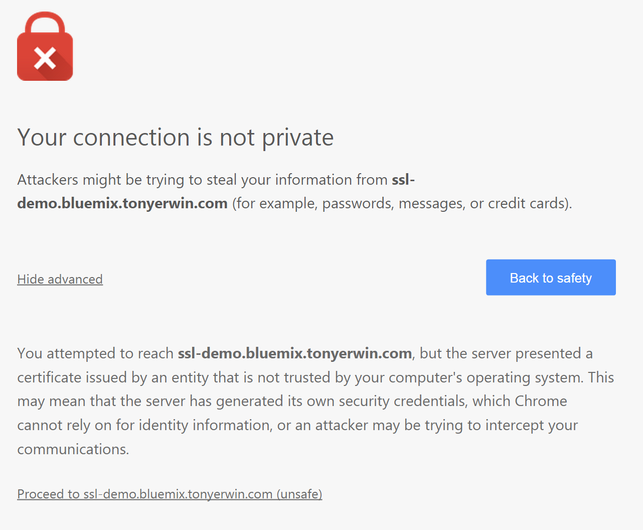 Bluemix UI: Chrome Warning Non-Trusted