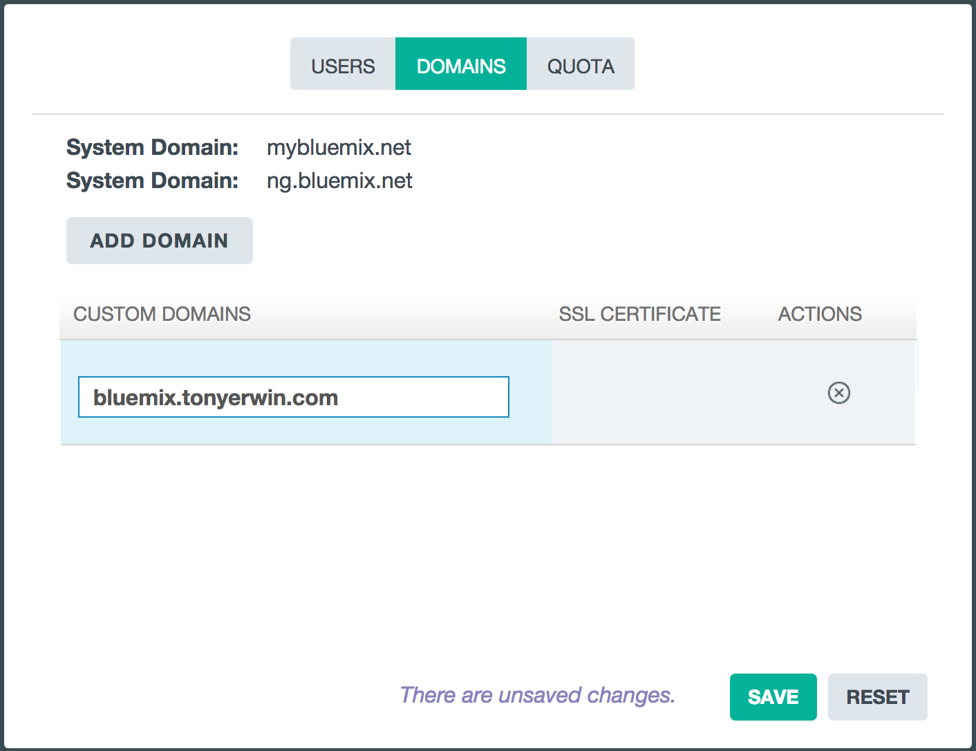 Bluemix UI: Adding Custom Domain