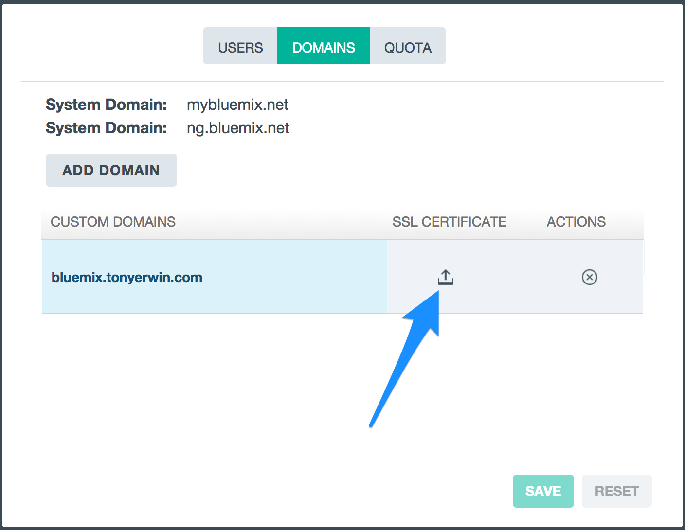 Bluemix UI: Custom Domain Added