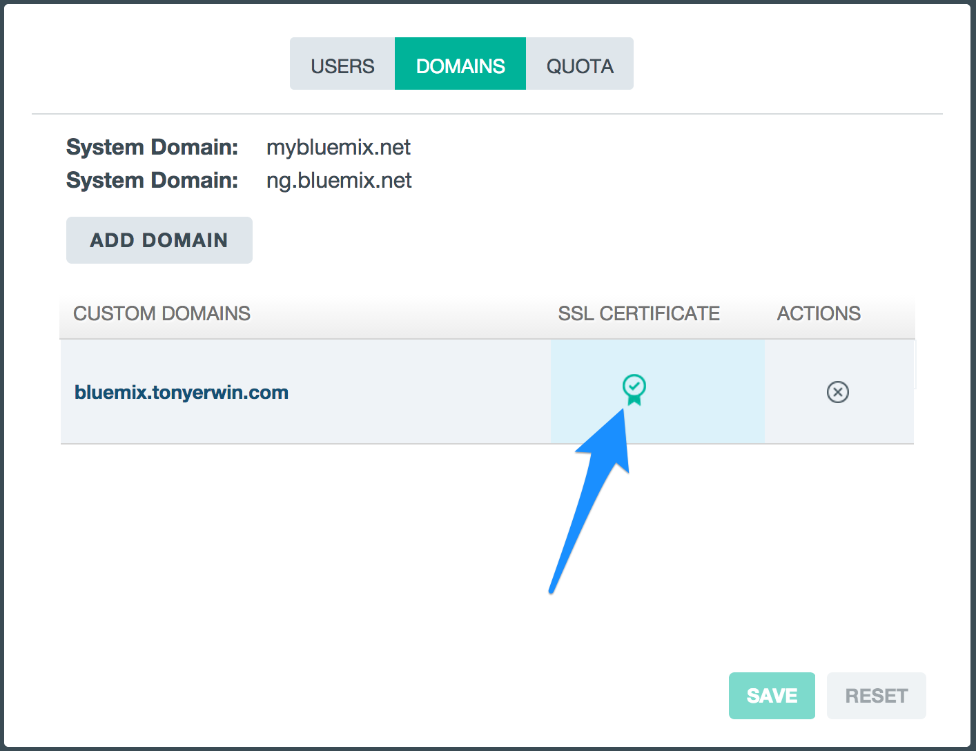 Bluemix UI: Manage Domains with SSL Uploaded