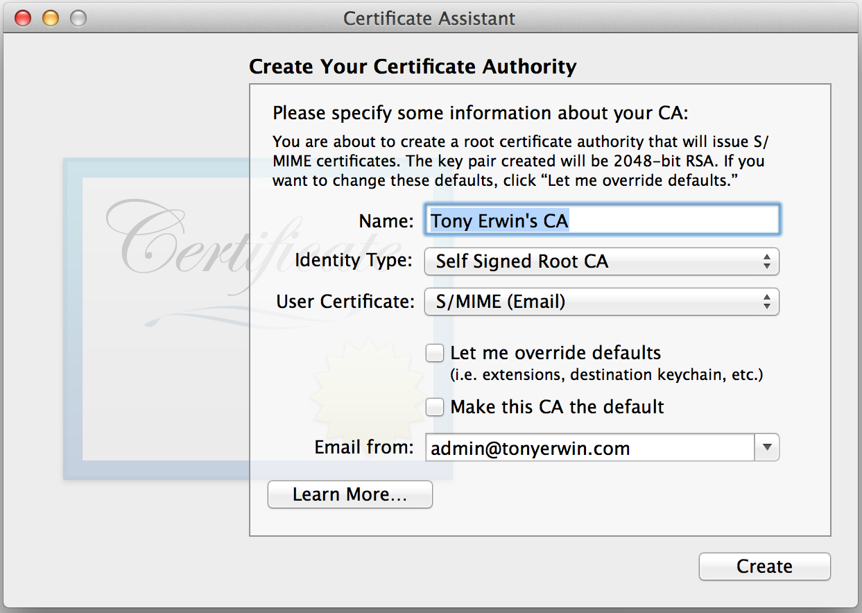 Create Certificate. End user Certificate. Certification Authority.