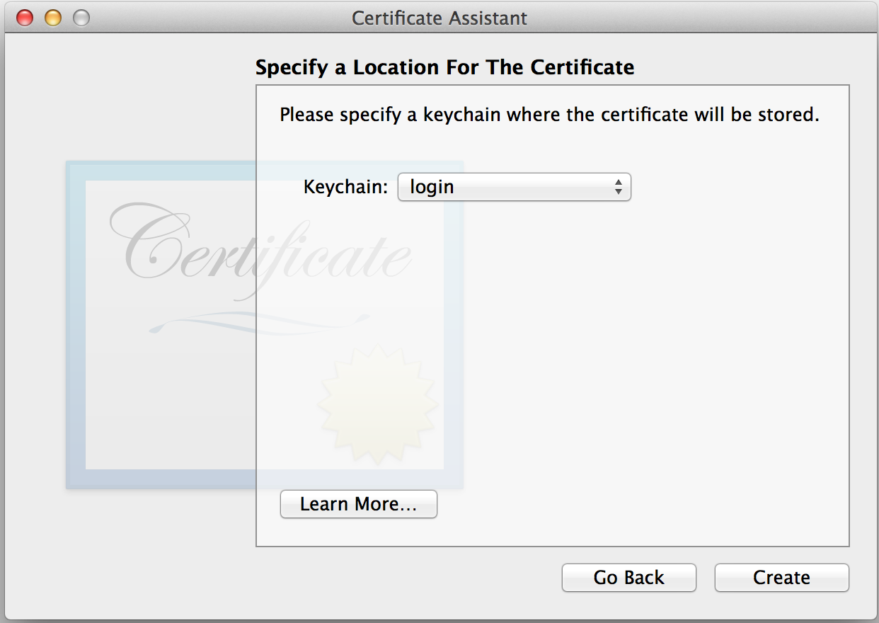 Keychain Access: Specify a Location for the Certificate
