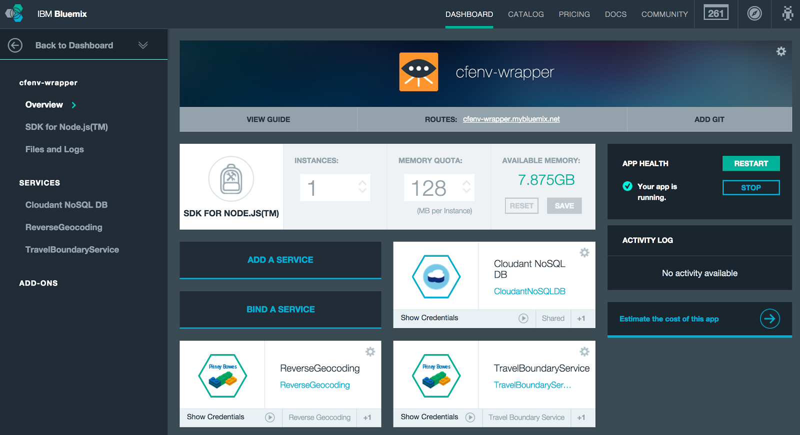 Bluemix UI: App Details for cfenv-wrapper