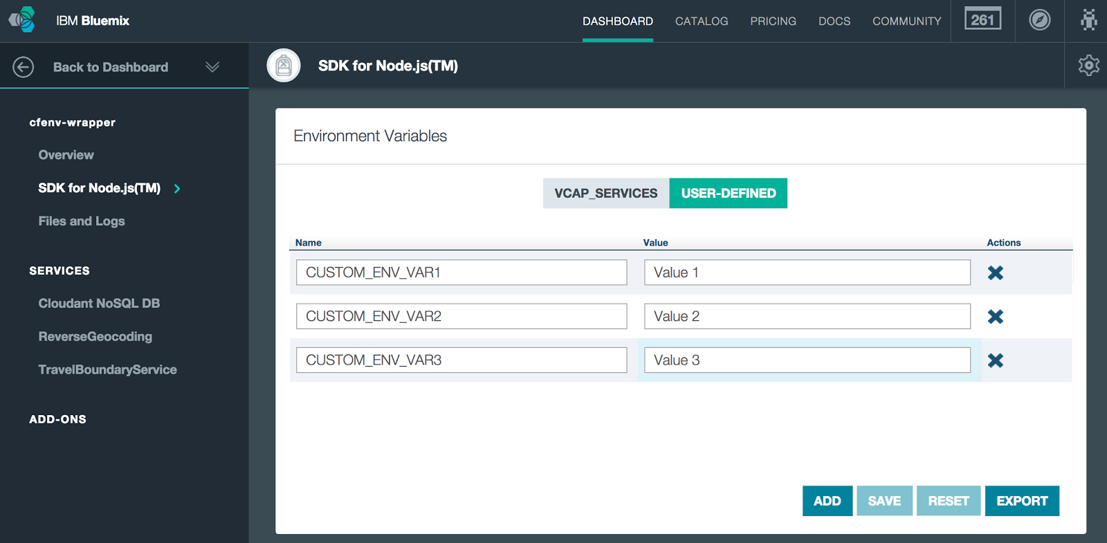 Bluemix UI: Environment Variables for cfenv-wrappe